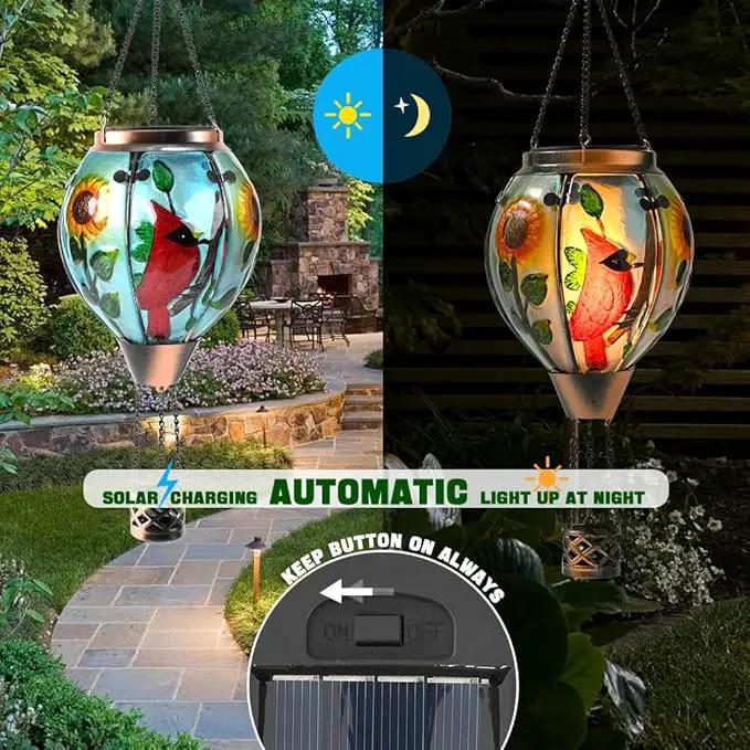 Hot Air Balloon Solar Lantern - Cardinal Bird Glass Lantern with Simulated Flickering Flame, Outdoor Hanging Yard Light Waterproof IP65 & Weather Resistant for Garden Patio Lawn Porch Decor Gfit by GreenHaven Gardens