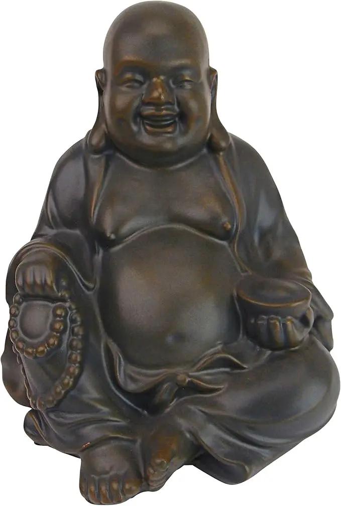 Design Toscano Laughing Asian Man Happy Hotei Garden Statue, Medium, 8 inches wide, 9 inches tall, Cast Stone Resin, Green Bronze Finish by GreenHaven Gardens