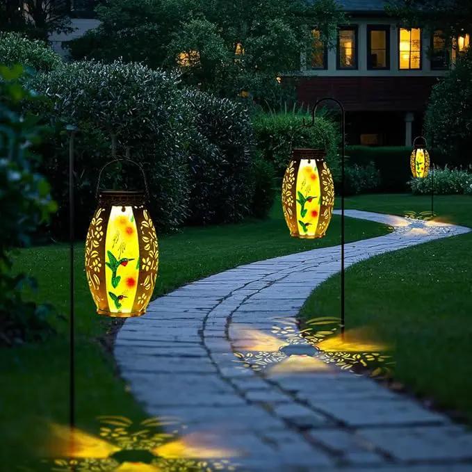 Hummingbird Solar Lanterns Outdoor Waterproof,Stained Glass & Metal Solar Lantern,Hanging Solar Lantern with Hollowed-Out Design,Hummingbird Tabletop Lamp Solar Lights for Yard Garden Patio by GreenHaven Gardens