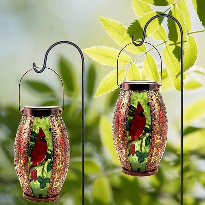 2PCS Cardinal Solar Lanterns Glass & Metal Hanging Light Outdoor Waterproof 16" H Tabletop Lamp with Hollowed-Out Design with Shepherd's Hooks for Garden Patio Table Decor, Green by GreenHaven Gardens