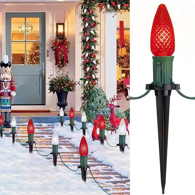 C9 LED Christmas Lights Outdoor with Stakes, 25.7 Feet 20 LED C9 Strawberry String Lights, Connectable Shatterproof Pathway Lights Marker for Path, Lane, Patio, Xmas Holiday Decorations, Red and White by GreenHaven Gardens