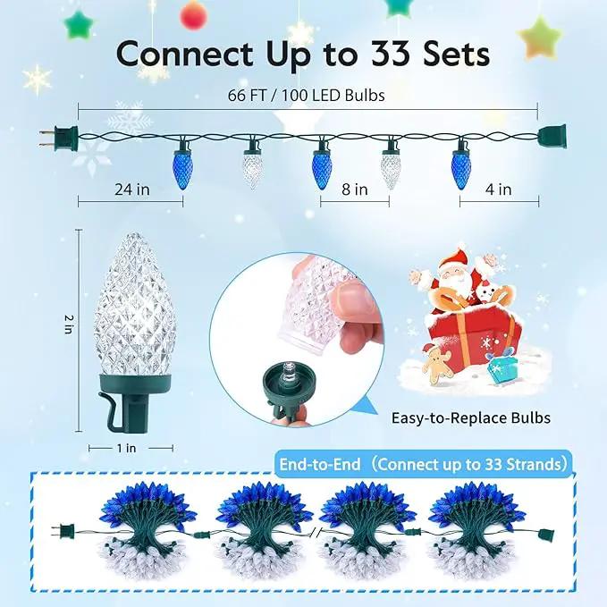 Brightown C9 LED Christmas String Lights, 66ft 100 LED Waterproof Strawberry String Lights, Plug-in Extendable Green Wire Lights String for Outdoor Outside Patio Party Decoration, Blue and White by GreenHaven Gardens