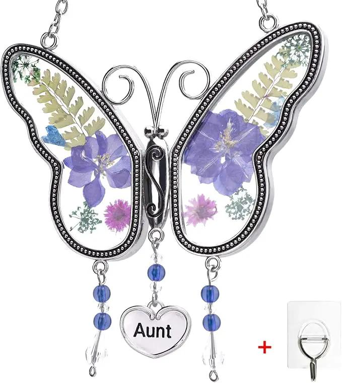 Laraine Butterfly Suncatcher with Pressed Flower Wings Mom Mother's Day Butterfly Glass Wind Chime Ornament Charm with Metal Heart Gifts for Mom Grandma Aunt Birthday (Purple Aunt (with Free Hook)) by GreenHaven Gardens