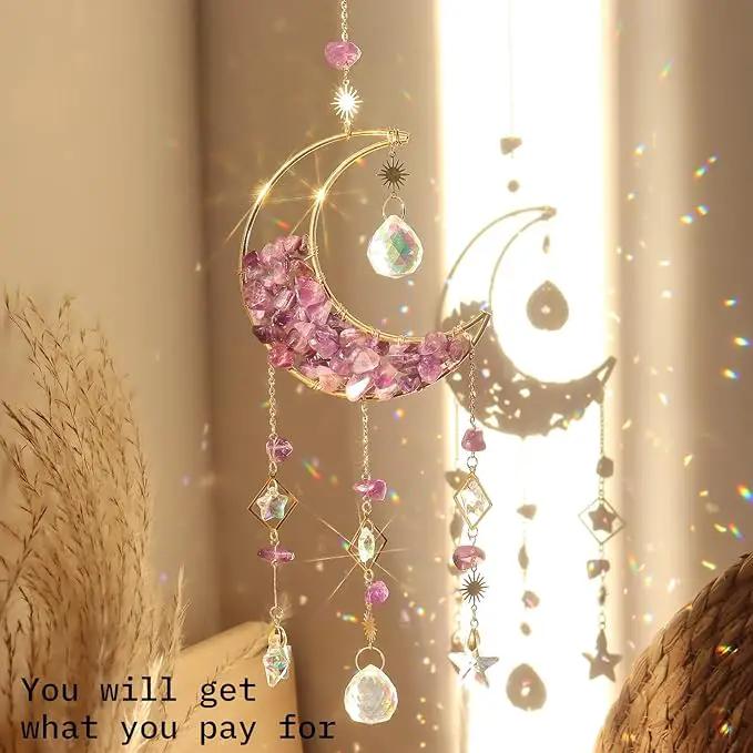 Amethyst Crystals Suncatcher - Hanging Moon Sun Catcher with Glass Prisms for Windows, Healing Amethyst Crystal Decor for Home, Gift for Christmas Birthday Valentine Mothers Day by GreenHaven Gardens