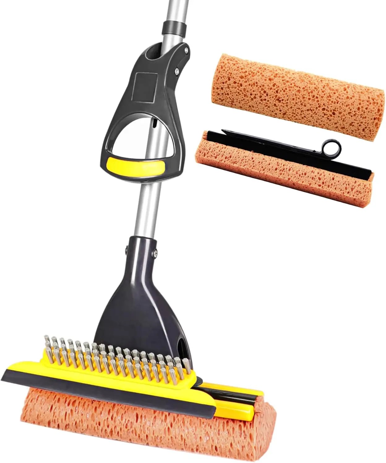 Yocada Sponge Mop Home Commercial Use Tile Floor Bathroom Garage Cleaning Total 2 Sponge Heads NOT 3 Telescopic Handle Squeegee from 42.5 to 52 Inches Easily Dry Wringing only 2 Heads by GreenHaven Gardens