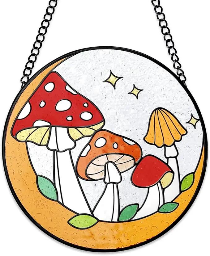 Tuitessine Mushroom Stained Glass Suncatcher Moon Toadstools Window Wall Hanging Ornament Hand-Painted Glass Panel Decor for Home Gift for Nature Plant Mushroom Lovers 6.3"*6.3" by GreenHaven Gardens