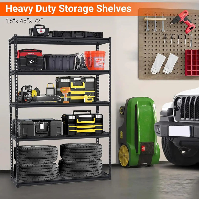 2500 LBS Storage Shelves, 5 Tier Garage Shelving, Heavy Duty, Adjustable Metal Shelving Unit, Industrial Utility Shelf Rack for Garage, Basement, Pantry, 72" H x 48" W x 18" D, Black by GreenHaven Gardens