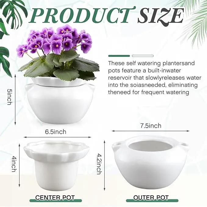 1 Set 7.5 Inches African Violet Pots Self Watering White Ceramic Pot for Indoor Plants, Flowerpot with Highly Absorbent Inner Pot for Busy Plant Lovers, Plant Care by GreenHaven Gardens