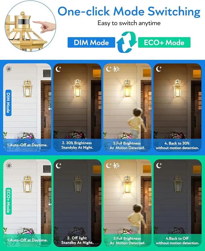 VIANIS Outdoor Wall Lights Lantern, 2 Pack Gold Motion Sensor Proch Light, Dusk to Dawn Weather Resistant Exterior Lights for House Sconce, Waterproof Garage Lights with Clear Glass Shade by GreenHaven Gardens