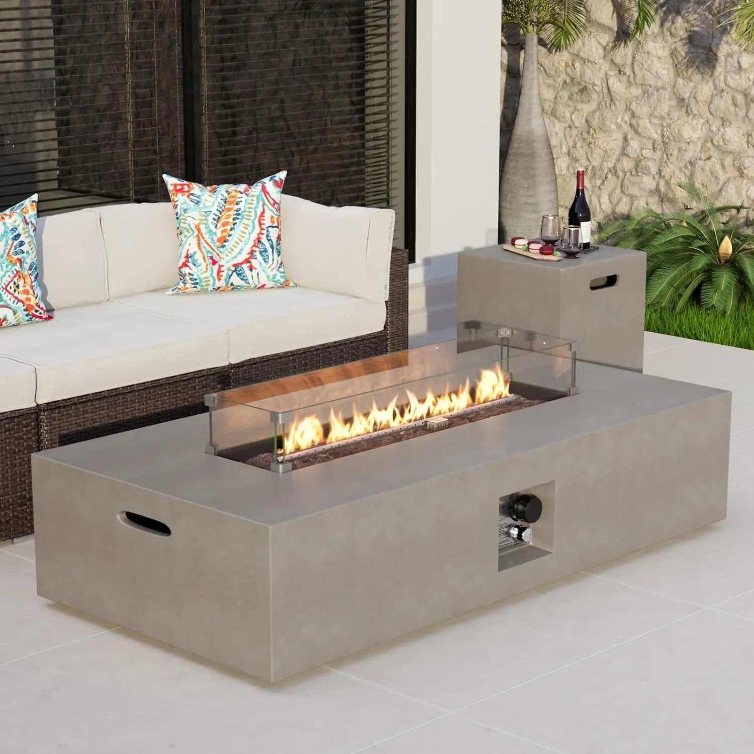 COSIEST 2-Piece Outdoor Propane Fire Table Set, Rectangle Concrete 56" x 28" Gray Fire Pit (CSA Certified, 50,000 BTU) w 20lb Tank Table, Wind Guard, Waterproof Cover for Garden, Porch, Backyard by GreenHaven Gardens
