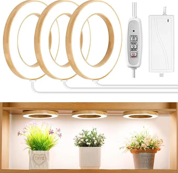 LORDEM 6.3" Bamboo Ceiling Grow Lamp for Indoor Plants, 216 LEDs Full Spectrum Halo Plant Light, Under Cabinet Grow Lights with 4/8/12H Auto Timer Switch Modes, 4 Dimmable Brightness Levels, Tri Head by GreenHaven Gardens