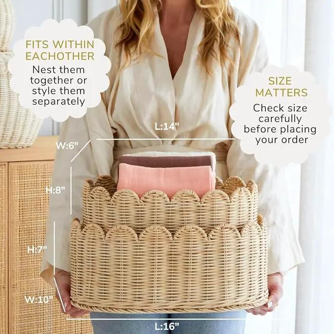 BEBE BASK Premium Scalloped Basket Set Of 2 - Scallop Basket - 16 x 10 x 7 Inch - Hand-Woven Elegant Wicker With Scalloped Edge - Nursery Storage (Natural) by GreenHaven Gardens