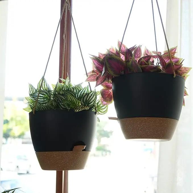 10 Inch Self Watering Hanging Pots, 2 Pack Hanging Planters with 40oZ Deep Reservior for Indoor Outdoor Plants Flowers, Black with Brown by GreenHaven Gardens