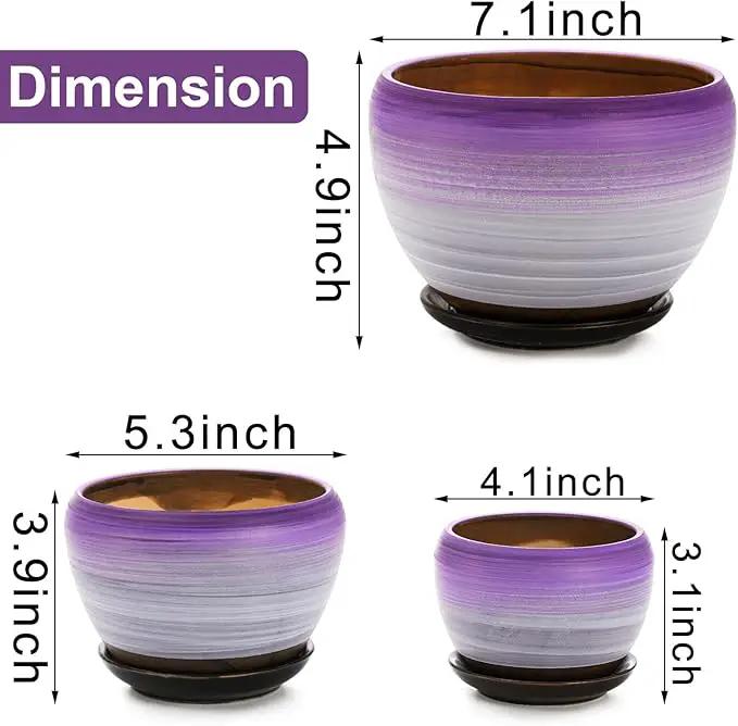 SOUJOY Set of 3 Ceramic Flower Pots, Gardening Plant Pot with Drainage Holes and Saucer, 7/5/4 inch Purple Round Succulent Herbs Cactus Planter for Indoor Outdoor by GreenHaven Gardens