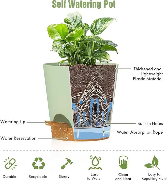 4 inch Self Watering Pots for Indoor Outdoor Plants, 6 Pack Plastic Flower Planters with Drainage Holes and Removable Saucers, Plant Pots with Wicking Rope, Modern Decor, Green Brown by GreenHaven Gardens