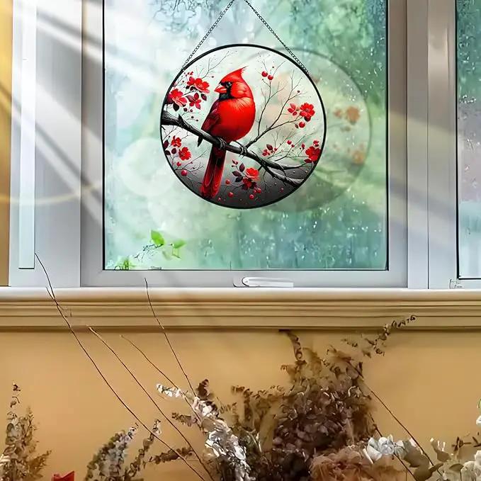 RIVEENY Cardinal Stained Glass Window Hanging,Cardinal Stained Glass Suncatcher,8" Window Suncatcher Hanging Ornaments Wall Art, Hand-Painted Glass Panel Home Decor for Mom Grandma by GreenHaven Gardens