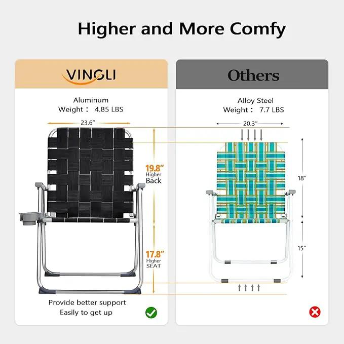 VINGLI Aluminum Oversize Patio Lawn Chairs Folding Set of 2 with Detachable Cup Holder, Webbed Beach Chair Folding Chair Outdoor Portable Camping Chair for Yard, Garden by GreenHaven Gardens