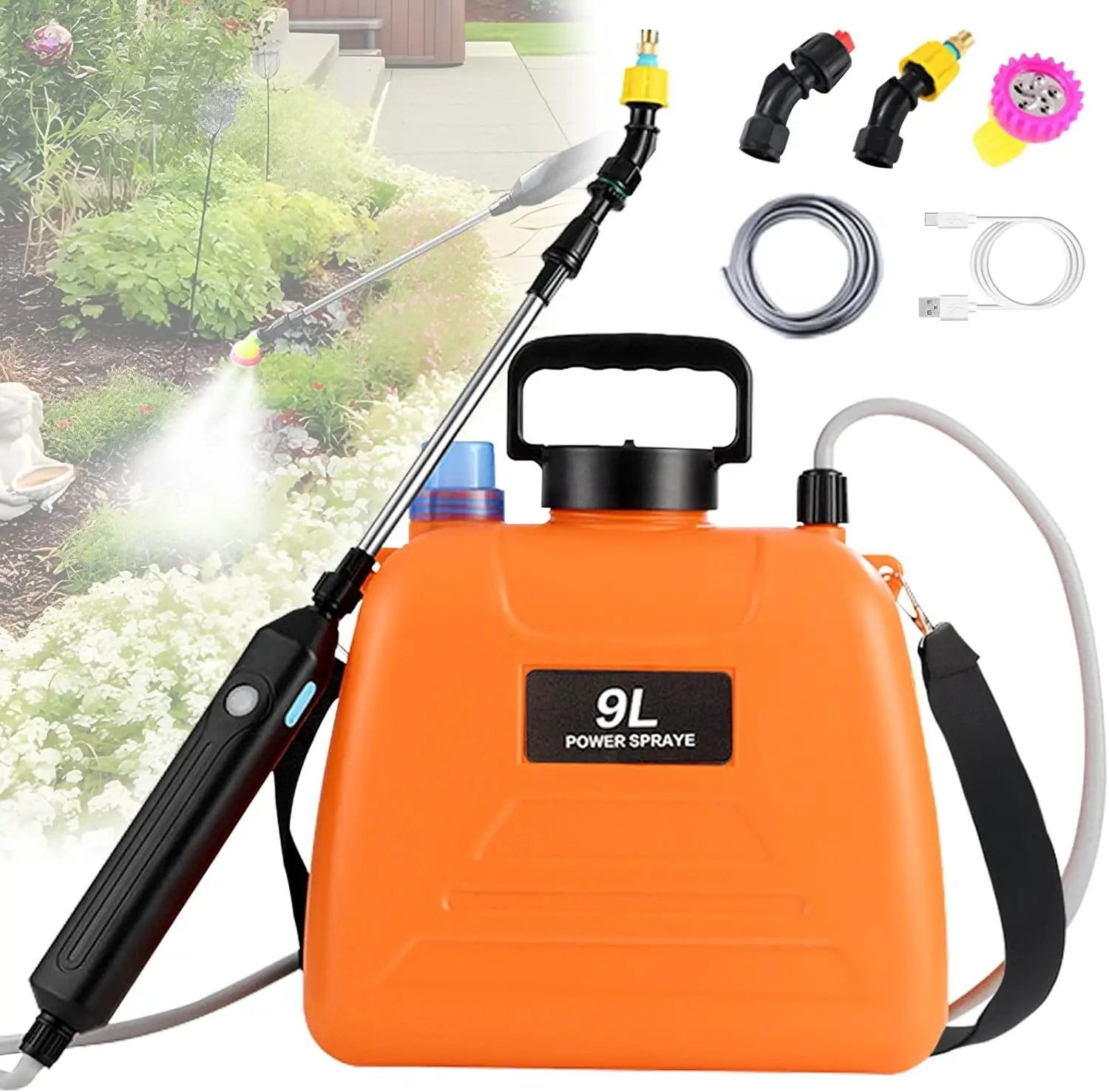2.4 Gallon Battery Powered Sprayer, Electric Battery Operated Sprayer, Weed Power Sprayers in Lawn and Garden with Adjustable Shoulder Strap and Rechargeable Handle, 3 Mist Nozzles (Orange) by GreenHaven Gardens