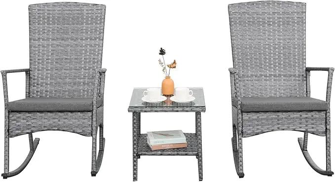 Outdoor Rocking Chair 3 Pieces High-Backed Rocking Chair Patio Rocking Chairs Outdoor Table and Chairs Anti-Slip Cushions Dark Grey by GreenHaven Gardens