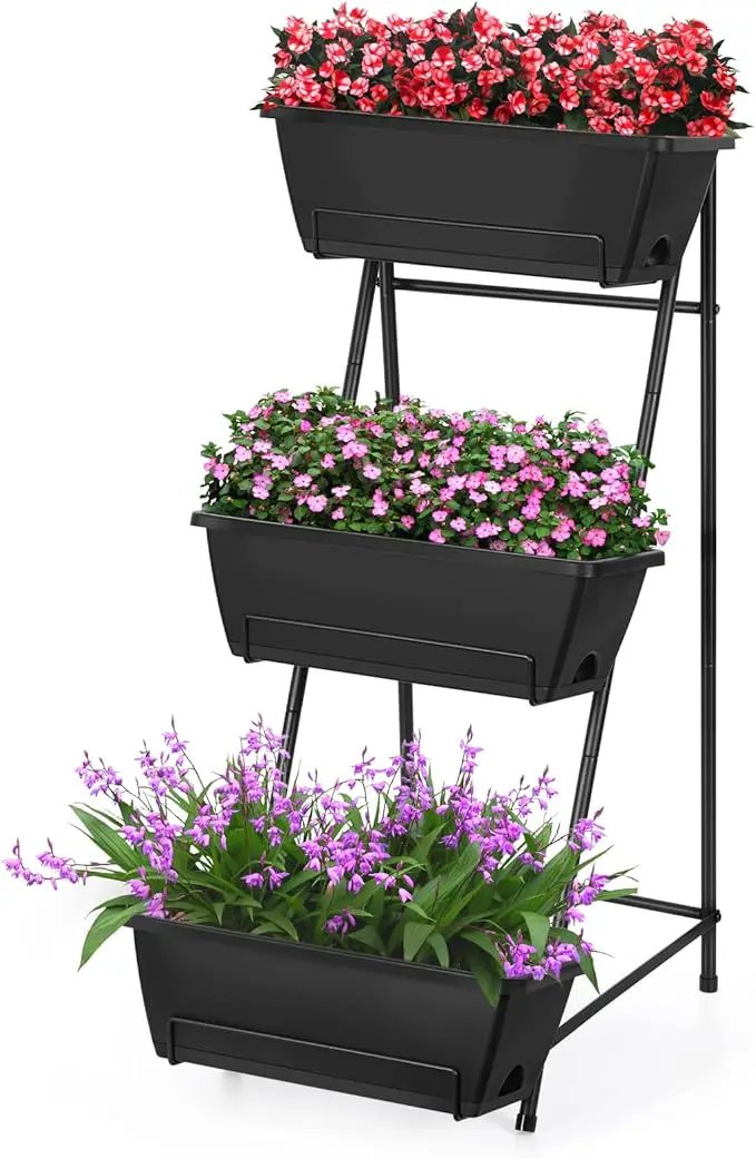 Vertical Raised Garden Bed 3 Tier Elevated Garden Planters Stand Up Garden Planter Box with Drainage Holes for Outdoor Indoor Plants Herbs Flowers Vegetables Black by GreenHaven Gardens