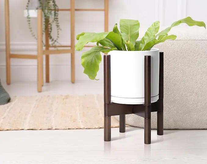 D'vine Dev Ceramic Planter with Walnut Color Stand - 8 Inch Modern Round Flower Pot with Wood Planter Holder, White, 55-B-Y-1 by GreenHaven Gardens