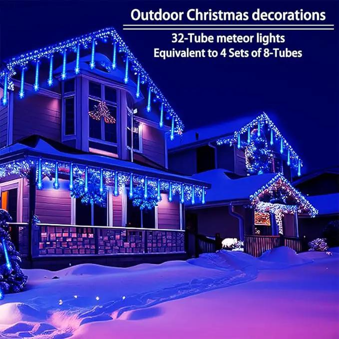 Christmas Lights Outdoors, 32 Tubes(Equivalent to 4 Sets of 8-Tubes) Meteor Shower Rain Lights - Blue lcicle Christmas Light Outdoor for Xmas Tree Wedding Party Holiday House Yard Decor, UL Plug by GreenHaven Gardens