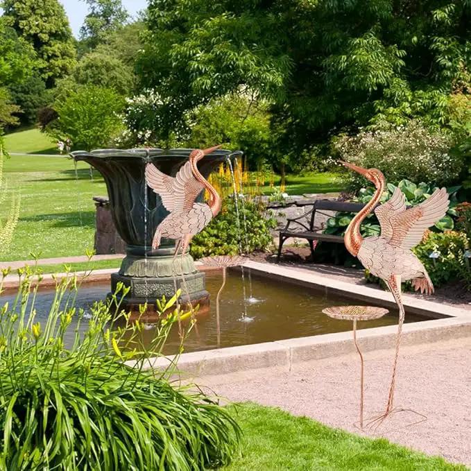 Crane Garden Statue with Birdbath, 40'' Heron Garden Statue, Crane Metal Yard Art for Outside, Backyard, Lawn, Porch Decor by GreenHaven Gardens