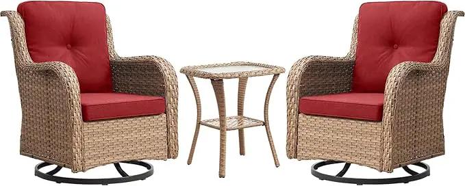 Outdoor Patio Swivel Rocker Chairs - 3 Piece Patio Bistro Set,Wicker Patio Furniture Set with 2 Swivel Rocking Chairs and 1 Glass Top Side Table for Deck Porch Garden,Yellow/Red by GreenHaven Gardens