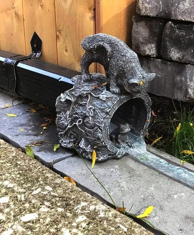 Gutter Downspout Extension - Downspout Splash Block - Downspout Diverter Garden Statue (Playful Chasing Kitty and Frog) by GreenHaven Gardens