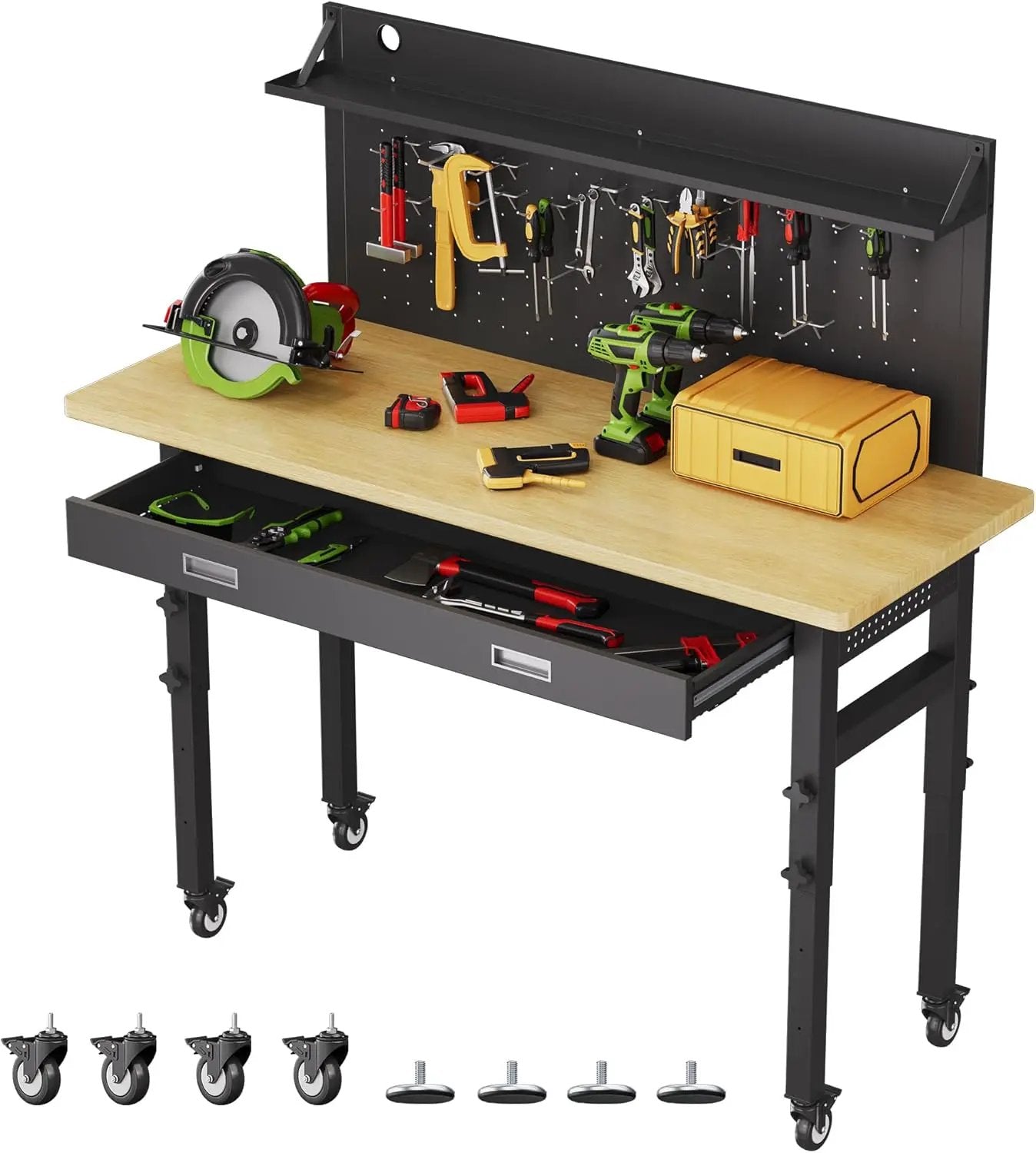 TITIMO 60" Adjustable Workbench with Drawers, Work Benches for Garage with Pegboard, 2000 LBS Heavy Duty Rubber Wood Tabletop with Power Outlet, Rolling Work Table with Wheels for Workshop, Office by GreenHaven Gardens