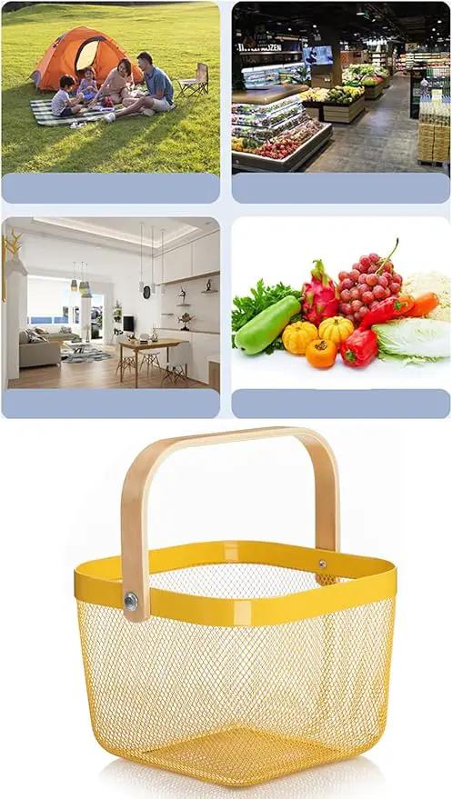 Metal Mesh Steel Basket, Storage Organizer Basket Multi-functional Hanging Kitchen Baskets Fruit Baskets with Wooden Handle for Kitchen Bathroom Picnic Shopping Decor Cabinet Home, Yellow by GreenHaven Gardens