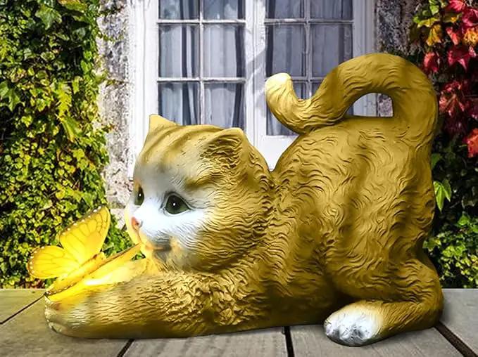 Solar Garden Statue Cat,Garden Figurine Outdoor Decoration with Cat Holding Butterfly for Yard,Patio,Lawn Art by GreenHaven Gardens