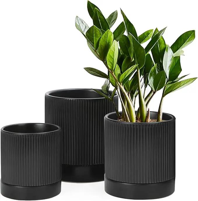LaDoVita 3 Pack Ceramic Plant Pots 6/5/4 inch, Flowerpot for Indoor Plants with Drainage Holes and Tray, Outdoor Garden Planters, Modern Decorative for Home, Black Vertical Stripes by GreenHaven Gardens