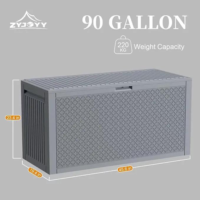 Outdoor Storage Box, 90 Gallon Deck Box, Waterproof Resin Storage Bin for Patio Cushions, Gardening Tools, Lockable, UV Resistant, Grey by GreenHaven Gardens