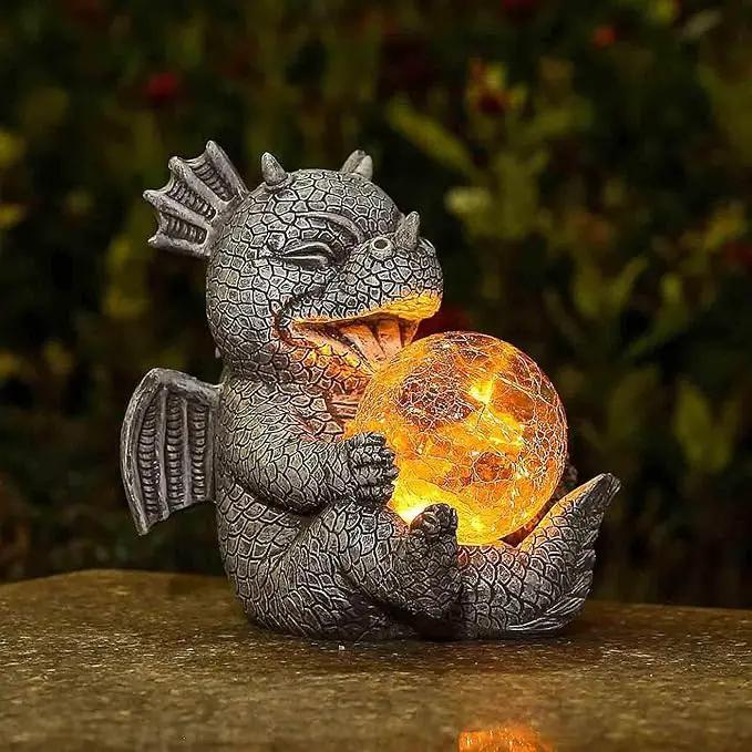 Solar Dragon Outdoor Statue Cute Baby Dragon Holding Glowing Glass Orb Resin Garden Decoration for Porch Patio Lawn Yard Perfect Housewarming Gift by GreenHaven Gardens