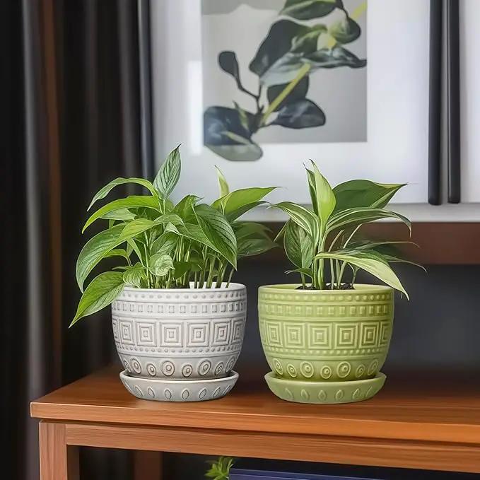 G EPGardening Ceramic Pots for Plants - 5.5 Inch Round Ceramic Planter for Indoor, Boho Succulent Pot with Drainage Hole and Plant Saucer, Gift for Plant Lover, Garden Home Desk Decor, Green by GreenHaven Gardens