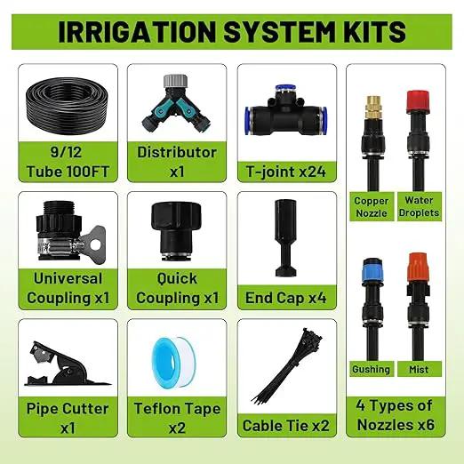 Garden Drip Irrigation Kit, 100ft Black Hose, 360° Pure Copper Closeable Nozzle, Patio Misting Plant Watering Sprinkler, Faucet Separator, Sprinkler Hose Adapter (24 360° nozzles + 24 T-connectors) by GreenHaven Gardens