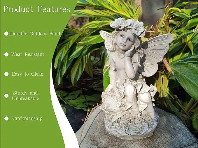 MeritMode 12.8" Fairy Garden Outdoor Guardian Angel Statue - Waterproof Resin with Flower Base, Unique for Patio, Balcony & Yard Decor by GreenHaven Gardens