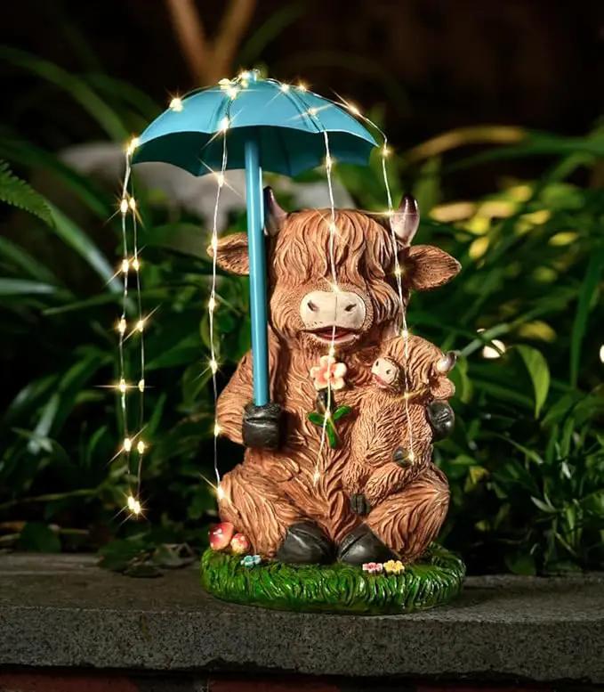 Solar Garden Statues Resin Loving Highland Cow Umbrella Lights Outdoor Decor Gifts for Yard, Patio Decorations by GreenHaven Gardens