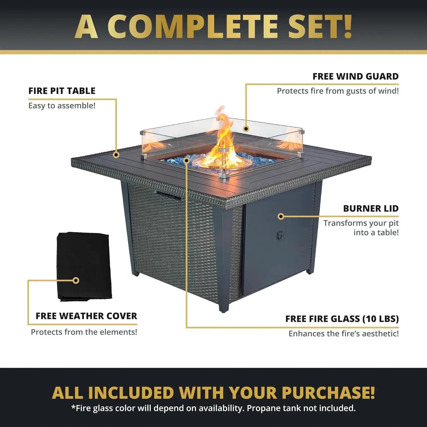 42'' Propane Fire Pit Table, 50,000 BTU Outdoor Gas Fire Table with Lid, Square Aluminum Fire Table with Wind Guard and Weather Cover, 2 in 1 Rattan Firepit Table for Outside Patio, Backyard, Gray by GreenHaven Gardens