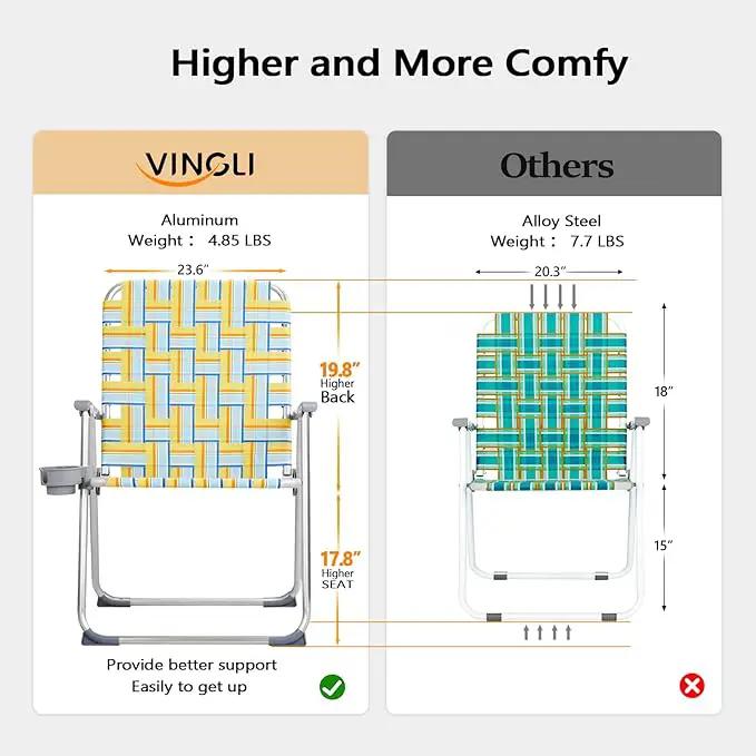 VINGLI Aluminum Oversize Patio Lawn Chairs Folding Set of 2 with Detachable Cup Holder, Webbed Beach Chair Folding Chair Outdoor Portable Camping Chair for Yard, Garden by GreenHaven Gardens