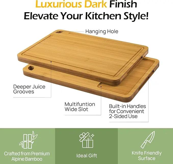 Chopping Board Duo 2-Pcs Natural Bamboo With Juice Channels & Knife-Friendly Finish For Versatile Kitchen Use, Ideal Charcuterie & Chopping Multi-Use by GreenHaven Gardens