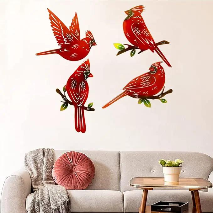 4 Pack Metal Cardinal Wall Art Decor Metal Birds 3D Outdoor Sculpture, Ornaments Hand-Made Nimble red Bird, Gifts for Mom,Birthday Gifts for Grandma Wife by GreenHaven Gardens
