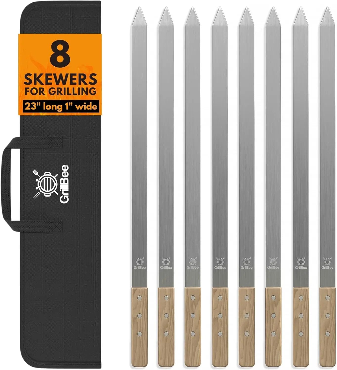 Premium Kabob Skewers 23 inch Long and 1 inch Wide Stainless Steel Flat Reusable Metal Skewers for Grilling BBQ - Making Brazilian Koobideh Chicken Kebab, 8pc Set with Bag by GreenHaven Gardens