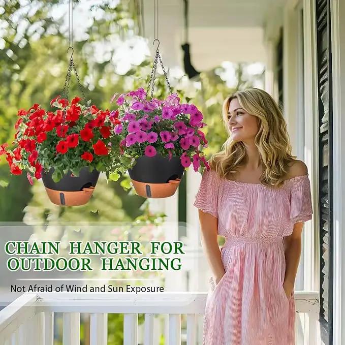 10 Inch Hanging Planters for Indoor Plants, 2 Pack Self Watering Hanging Baskets Flower Pots with Drainage Hole, Visual Reservoir & 2 Kinds of Plant Hanger for Outdoor Garden Home Decor（Black） by GreenHaven Gardens