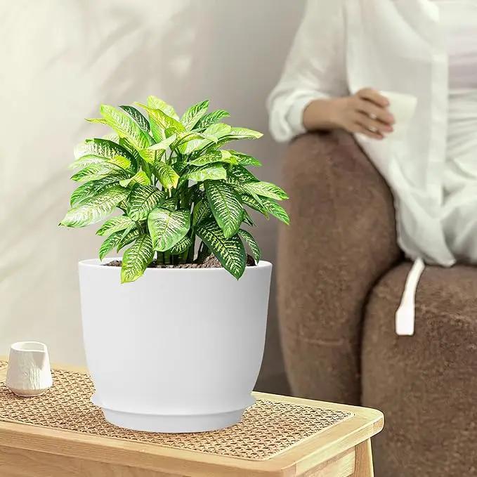 10/9/8 inch Medium Flower Pots, 3 Pack Modern Decorative Plastic Planters with Drainage Holes and Tray, Plant Pots for Indoor Outdoor Plants, White by GreenHaven Gardens
