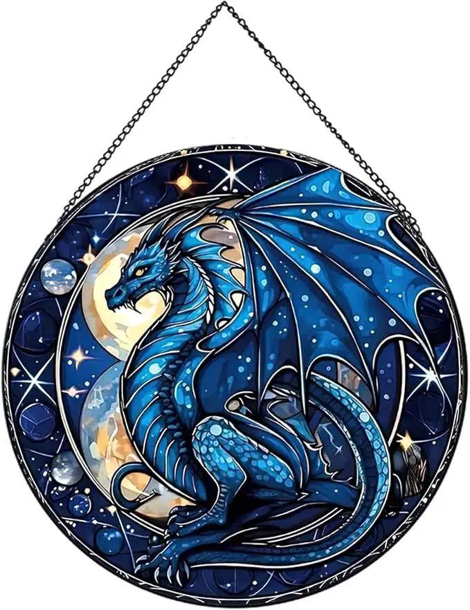 Celestial Dragon Pattern Suncatcher Stained Glass,Hanging Stained Glass for Windows,20cm/7.87inch Sun Catcher Garden Hangings Ornaments Halloween Fall Christmas Decor for Home by GreenHaven Gardens