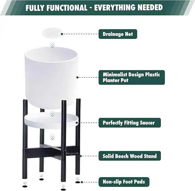 D'vine Dev Planter Pot with Stand - 10 Inch Plastic Cylinder Flower Pot with Wood Planter Holder for Indoor, Matte White Pot + Ebony Stand, 55-C-N-1 by GreenHaven Gardens
