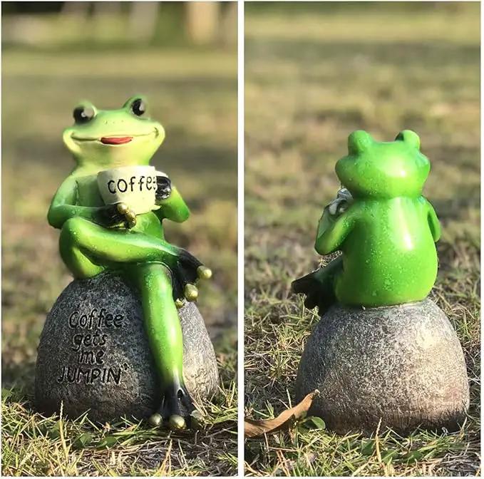 OwMell Frog Statue for Garden, Drinking Coffee Green Frog Figurine for Outdoor Decor Yard and Garden Decoration Resin Sculpture 6 Inches by GreenHaven Gardens