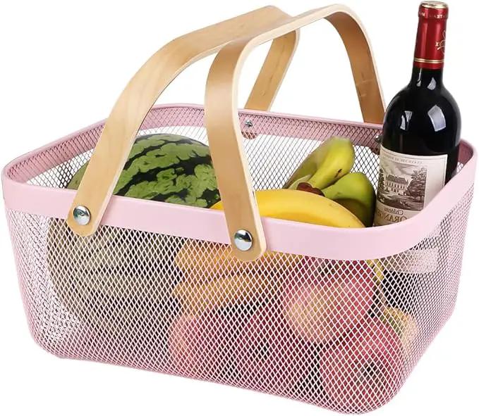 Portable Mesh Harvest Basket - Natural Bamboo Handle Foldable Organizer for Kitchen, Garden & Picnic | Ventilated Storage Bin with Rust-Proof Wire, Space-Saving Farmhouse Decor (Pink) by GreenHaven Gardens